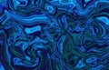 Dark and light neon blue abstract liquid paint textured background with decorative spirals and swirls. Holographic surface pattern