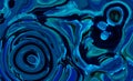 Dark and light neon blue abstract liquid paint textured background with decorative spirals and swirls. Holographic surface pattern