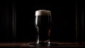 Dark liquid drops in frothy beer glass generated by AI