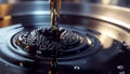 Close Up of Dark Liquid Pouring Into Shiny Metal Container with Bubbles Royalty Free Stock Photo