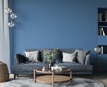 Dark living room interior, blue armchairs with wooden home accessories in modern cozy apartment