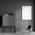 Dark living room interior with empty white poster, grey chair