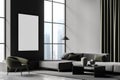 Dark living room interior with empty white poster, panoramic window Royalty Free Stock Photo