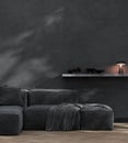 Dark living room interior with gray plaster wall, black stylish sofa, 3d render