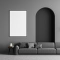 Dark living room interior with grey sofa and poster Royalty Free Stock Photo