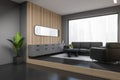 Grey chill room interior with couch and drawer, panoramic window
