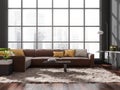 Dark living room interior with sofa and pillows near panoramic window