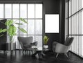 Grey relax room interior with seats and coffee table, window and mockup canvas Royalty Free Stock Photo