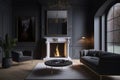 Modern beautiful living room interior and fireplace in new luxury home, Generative AI Royalty Free Stock Photo