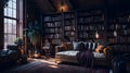Cozy dark room with a large book shelf and plants Royalty Free Stock Photo