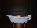 Dark luxury bathroom interior with bathtub and fireplace. 3d image