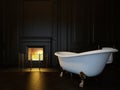 Dark luxury bathroom interior with bathtub and fireplace. 3d image