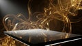 Dark luxury podium with a marble surface and a dramatic swirling golden liquid abstract background with spotlight Royalty Free Stock Photo