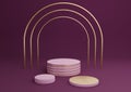 Dark magenta, purple 3D rendering simple product display cylinder podiums with luxury gold arch and lines three stands minimal