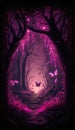 Dark magic forest with purple lights. Fairytale background. Vector illustration.