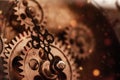 Dark magical clock face with gold and metal gears. Steampunk style. Engine Gears Wheels