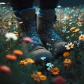 Dark male shoes, legs standing, trampling in a field of flowers. Closeup to the ground. Image of a meadow of grass