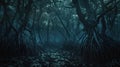 Dark mangrove forest, spooky trees in fairy tale jungle at night. Theme of horror, fantasy, scary movie, tropical woods Royalty Free Stock Photo