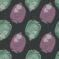 Dark marine seamless pattern with ocean pale lilac and green butterfly fish ornament. Dark grey background