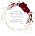 Dark maroon orchids, burgundy colored schwab, gold frame, sequins. All elements are isolated Royalty Free Stock Photo