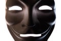 Dark mask isolated on white. Close-up. Smile symbol of an anonymous hacker. Shooting a subject in a dark key