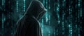 Dark Matrix Background Sets The Stage For A Mysterious Hacker In A Hooded Cloak