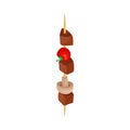 Cubes of meat with mushrooms and tomato on a skewer. Vector illustration on white background.