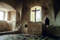 Dark medieval protestant stone monastic cell.