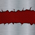 Dark metal background with torn edges and red perfroated plate Royalty Free Stock Photo