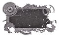 Dark grey metal blank old label in gears on white