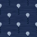 Dark middle ages war seamless pattern with mace simple ornament. Blue flail weapon with spikes on navy blue striped background