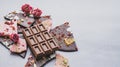 Dark milk chocolate whole bar decorated with pieces of fruit nuts and slices gray background. Minimalism is monochrome.