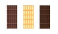 Dark, milk and white chocolate bar set. Unwrapped square pieces of different chocolate.