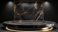 Dark minimal marble background with 3d oval podium and gold accents for cosmetics exhibition, layout