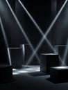 Dark Stage with Geometric Pedestals Illuminated by Dramatic Cross- Shaped Spotlights podium Royalty Free Stock Photo