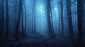 Dark misty forest, fairy tale enchanted wood in twilight on Halloween