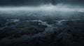 Dark Misty Valley: Aerial View Of Brooding Lovecraftian Landscape