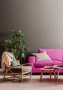 Dark mock up wall with violet purple sofa, two tables and a chair in modern interior background, living room with large window