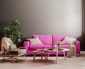 Dark mock up wall with violet purple sofa, two tables and a chair in modern interior background, living room with large window Royalty Free Stock Photo