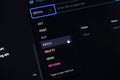 Dark mode API development interface on a screen, showing the HTTP PATCH method selection for web services, modern backend Royalty Free Stock Photo