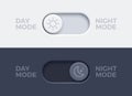 Dark mode and light mode toggle switch buttons. Material design slider switch buttons set. Day and night mode switch button.