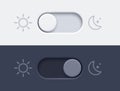 Dark mode and light mode toggle switch buttons. Material design slider switch buttons set. Day and night mode switch button.