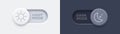 Dark mode and light mode toggle switch buttons. Material design slider switch buttons set. Day and night mode switch button.
