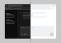 dark mode and light mode user interface design in a web browser page desktop application mockup wireframe