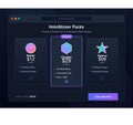 A dark mode user interface design for a pricing page featuring three subscription tiers with holographic icons, price Royalty Free Stock Photo