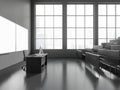 Dark modern auditorium interior with bench in row and mockup chalkboard