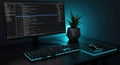 Dark Modern Computer Desk with Programming Code Royalty Free Stock Photo