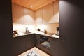 Dark modern corner kitchen. Black or dark grey cabinets and doors but top cabinets are wood colored. Minimal look with hidden Royalty Free Stock Photo