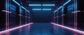 Dark modern garage, inside futuristic studio or hall, building room interior. Concept of led neon light, industry, warehouse, Royalty Free Stock Photo