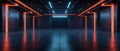 Dark modern garage, inside futuristic warehouse or hall, modern underground room interior. Concept of led neon light, scene, Royalty Free Stock Photo